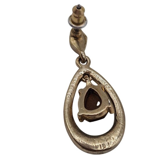 Women's Unsigned Gold-Tone Tear Dangle Drop Brown Rhinestone Stud Earrings - Picture 7 of 10